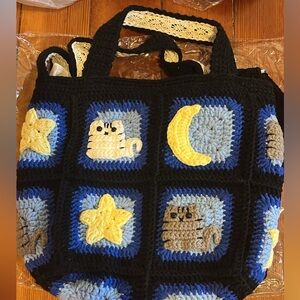 Handmade Crochet Tote Bag - Black, Blue, Yellow
